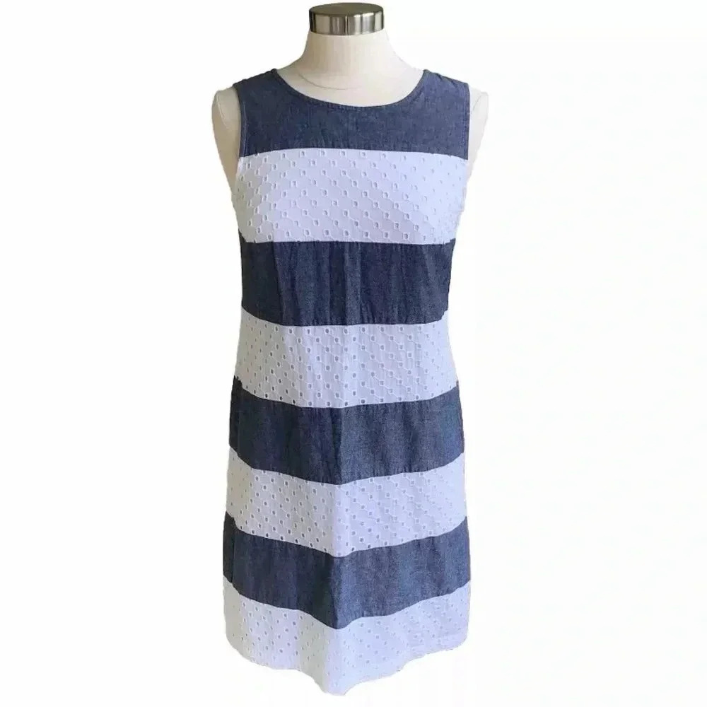 TALBOTS Gray Chambray & White Eyelet Sleeveless Dress 10P Petite 10 Nautical
